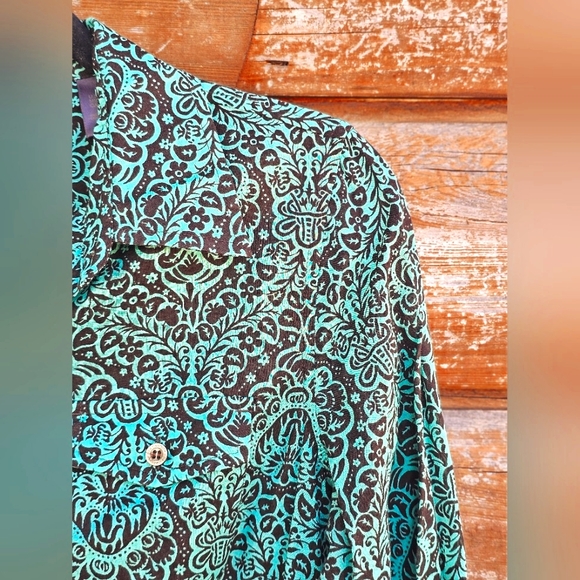 Liz Claiborne Western Damask Turquoise & Black Button up Blouse Longsleeve - Picture 6 of 9